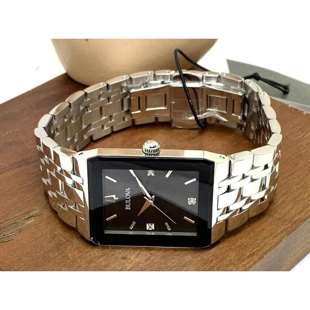 Bulova Men's Watch 96D145 Diamond Black Dial Silver Stainless Steel Quar…